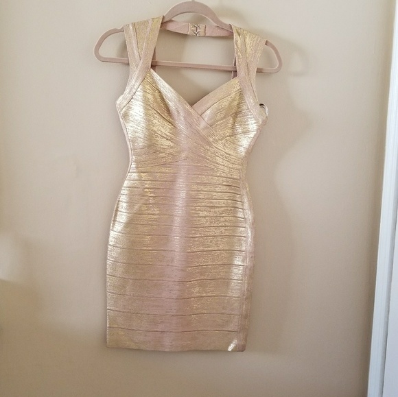 Authentic Herve Leger Iman Foil Applique Dress Cel - Picture 5 of 8